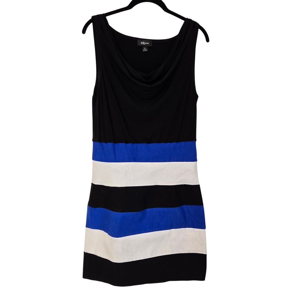 IZ Byer Black Cowl Neck Color Block Blue White Stripe Skirt Sleeveless Dress XL